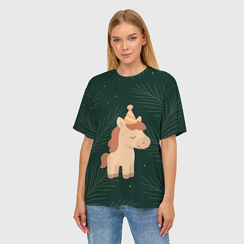 Женская футболка оверсайз Милая лошадка с колпаком / 3D-принт – фото 3