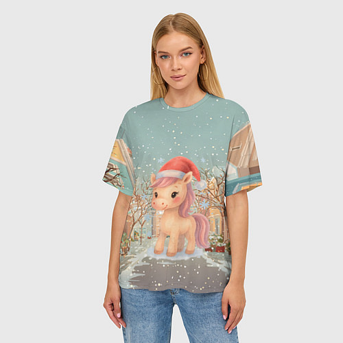 Женская футболка оверсайз Маленькая новогодняя милая лошадка / 3D-принт – фото 3