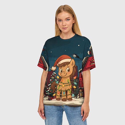 Женская футболка оверсайз Лошадка в новогодней гирлянде / 3D-принт – фото 3