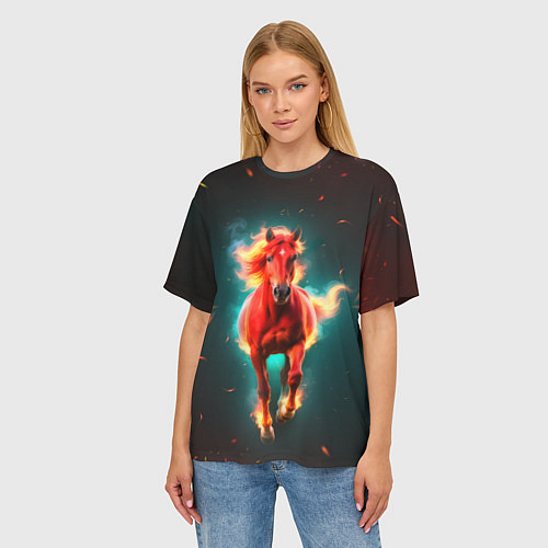 Женская футболка оверсайз Светящаяся огненная лошадь / 3D-принт – фото 3