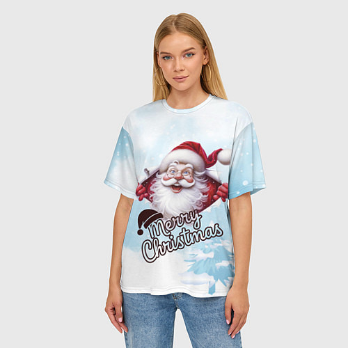 Женская футболка оверсайз Санта в зимнем лесу / 3D-принт – фото 3