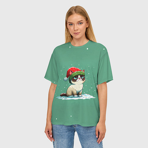 Женская футболка оверсайз Новогодний мем котик / 3D-принт – фото 3