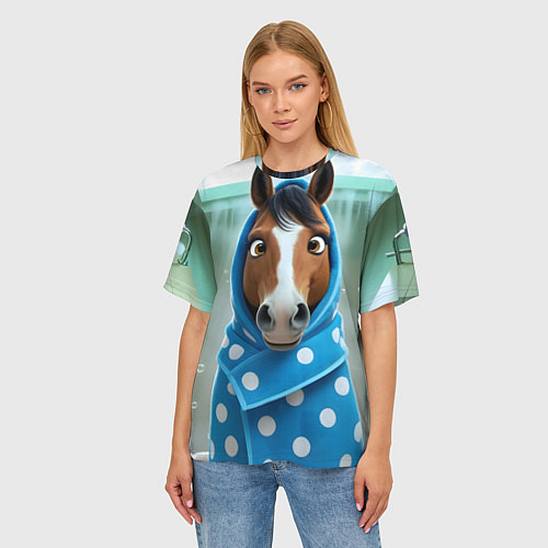 Женская футболка оверсайз Конь в полотенце / 3D-принт – фото 3