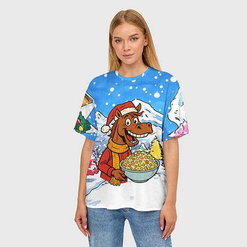 Женская футболка оверсайз Лошадка с оливье / 3D-принт – фото 3