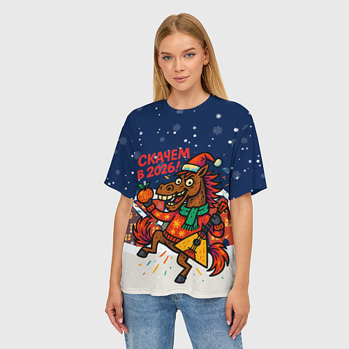 Женская футболка оверсайз Скачем в 2026 - лошадь с балалайкой / 3D-принт – фото 3