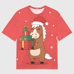 Женская футболка оверсайз Новогодняя лошадка с подарками