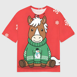 Футболка оверсайз женская Новогодняя лошадка в зеленом свитере, цвет: 3D-принт