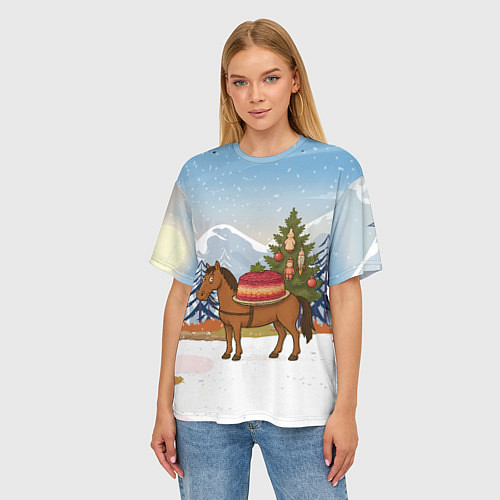 Женская футболка оверсайз Лошадь с салатом Под шубой / 3D-принт – фото 3