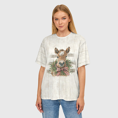 Женская футболка оверсайз Жеребёнок и новый год / 3D-принт – фото 3