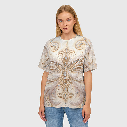 Женская футболка оверсайз Перламутровый орнамент с перьями / 3D-принт – фото 3