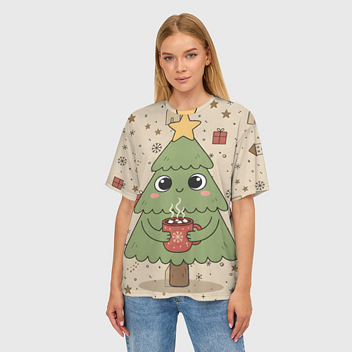 Женская футболка оверсайз Новогодняя елочка с горячим шоколадом / 3D-принт – фото 3