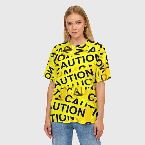 Женская футболка оверсайз Caution / 3D-принт – фото 3