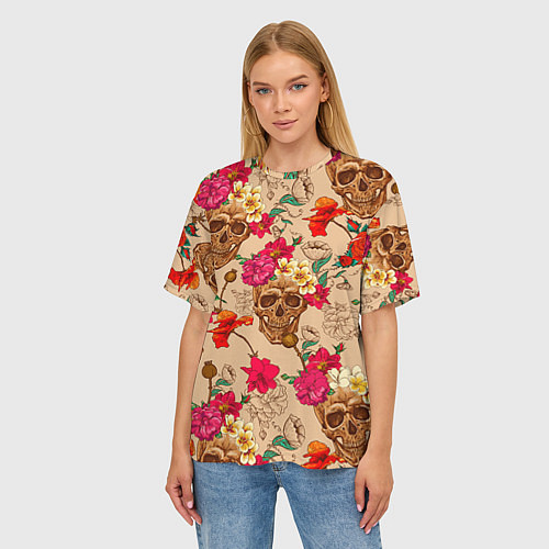 Женская футболка оверсайз Черепа в цветах / 3D-принт – фото 3