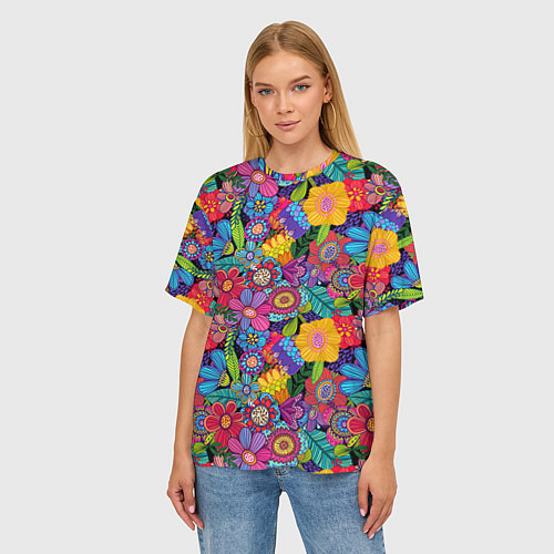 Женская футболка оверсайз Яркие цветы / 3D-принт – фото 3