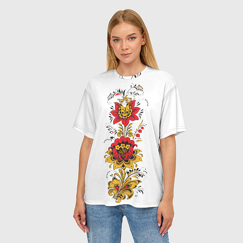 Женская футболка оверсайз Хохлома: цветы / 3D-принт – фото 3