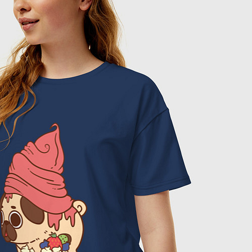 Женская футболка оверсайз Мопс-пироженное / Тёмно-синий – фото 3