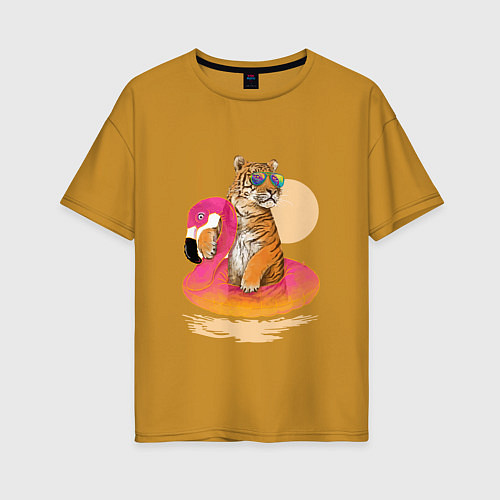 Женская футболка оверсайз Тигр на фламинго / Горчичный – фото 1