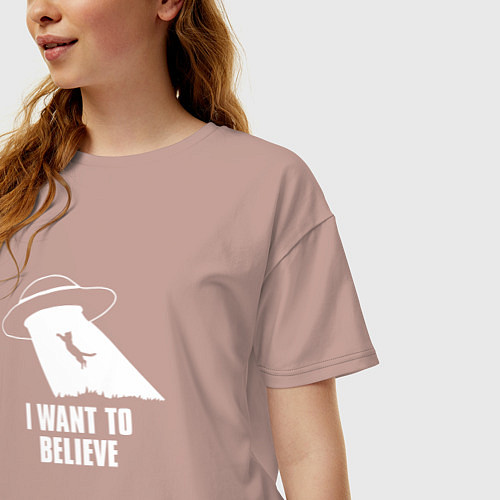 Женская футболка оверсайз I want to believe кот / Пыльно-розовый – фото 3