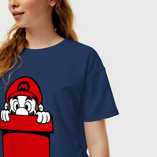 Женская футболка оверсайз Марио в кармане / Тёмно-синий – фото 3
