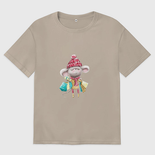 Женская футболка оверсайз Мышка с подарками / Миндальный – фото 1