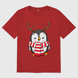 Футболка оверсайз женская Пингвин в шарфике, цвет: красный