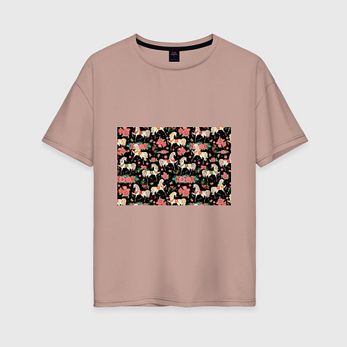 Женская футболка оверсайз Лошади и цветы / Пыльно-розовый – фото 1