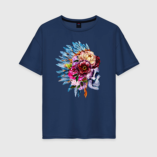 Женская футболка оверсайз Индейский череп / Тёмно-синий – фото 1