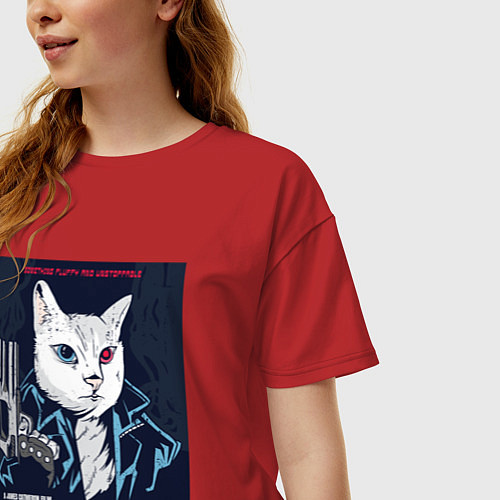 Женская футболка оверсайз Кот Терминатор пародия / Красный – фото 3