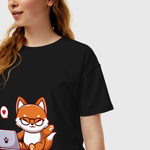 Женская футболка оверсайз Cute fox and laptop / Черный – фото 3