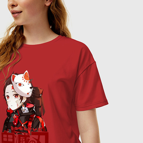 Женская футболка оверсайз Клинок, рассекающий демонов в маске / Красный – фото 3
