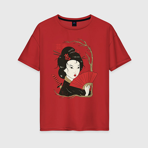Женская футболка оверсайз Японская Гейша Винтажный арт / Красный – фото 1