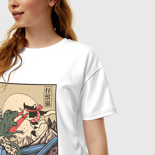 Женская футболка оверсайз Cat Kong versus Godzilla Kaiju / Белый – фото 3