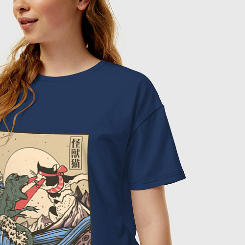 Женская футболка оверсайз Cat Kong versus Godzilla Kaiju / Тёмно-синий – фото 3