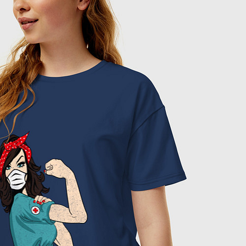 Женская футболка оверсайз Медсестра В Маске Ретро / Тёмно-синий – фото 3