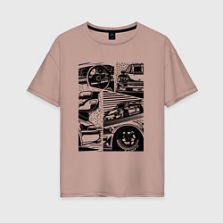 Футболка оверсайз женская PORSCHE ПОРШЕ КОЛЛАЖ, цвет: пыльно-розовый