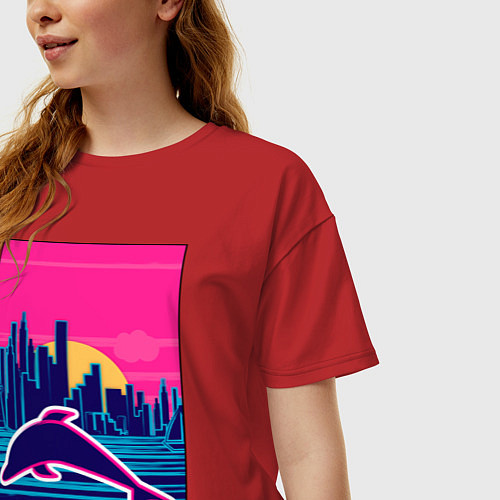 Женская футболка оверсайз Дельфин на фоне города / Красный – фото 3