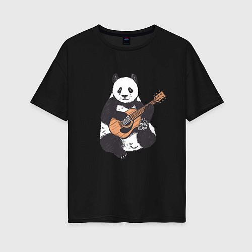 Женская футболка оверсайз Панда гитарист Panda Guitar / Черный – фото 1