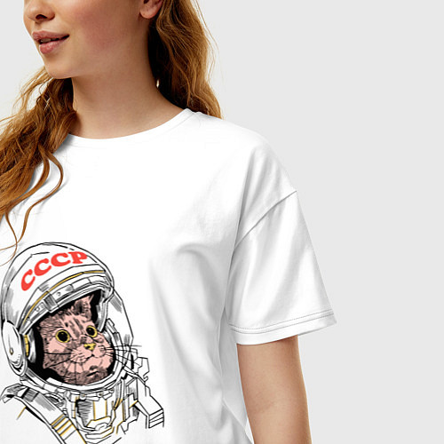 Женская футболка оверсайз СССР Кот космонавт / Белый – фото 3