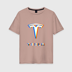 Футболка оверсайз женская TESLA MOTORS GLITCH ТЕСЛА, цвет: пыльно-розовый