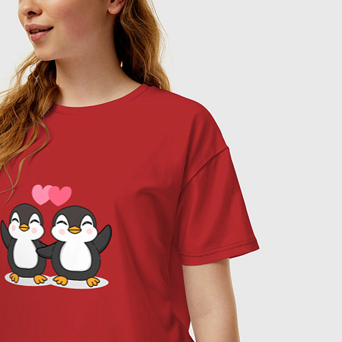 Женская футболка оверсайз Влюбленные пингвины / Красный – фото 3