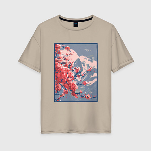 Женская футболка оверсайз Цветение Сакуры на фоне Фудзи / Миндальный – фото 1
