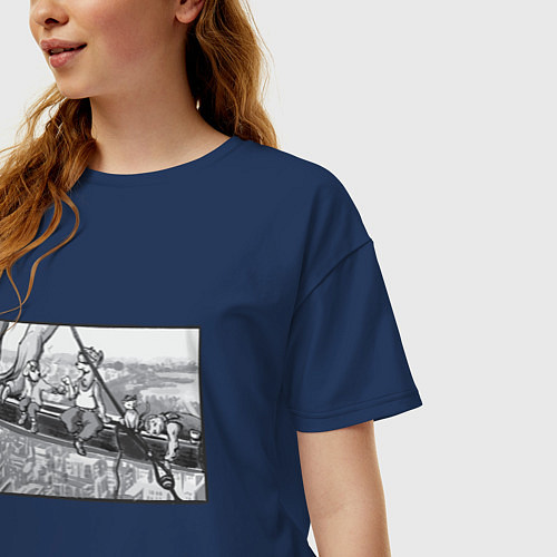 Женская футболка оверсайз Обед на небоскрёбе - пародия / Тёмно-синий – фото 3
