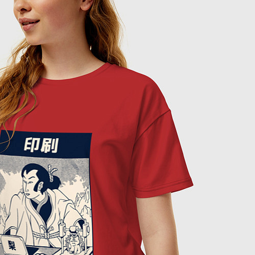 Женская футболка оверсайз Картина Самурай с 3D принтером / Красный – фото 3