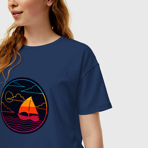 Женская футболка оверсайз Корабль в море инверсия / Тёмно-синий – фото 3
