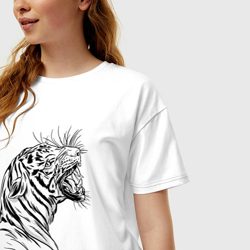 Женская футболка оверсайз Чёрно белый рисунок тигра / Белый – фото 3