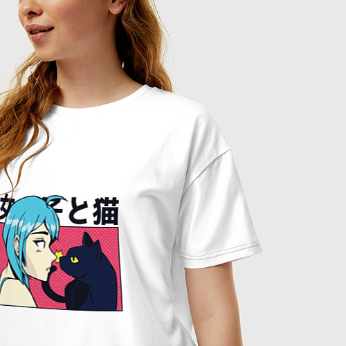 Женская футболка оверсайз Neko Girl and Kawaii Cat / Белый – фото 3