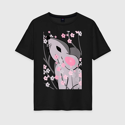 Женская футболка оверсайз Мышка и сакура / Черный – фото 1