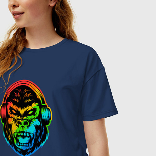 Женская футболка оверсайз Обезьяна в наушниках / Тёмно-синий – фото 3