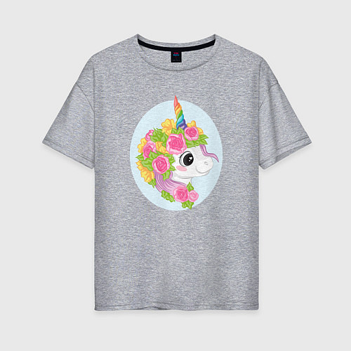 Женская футболка оверсайз Единорог в цветах / Меланж – фото 1