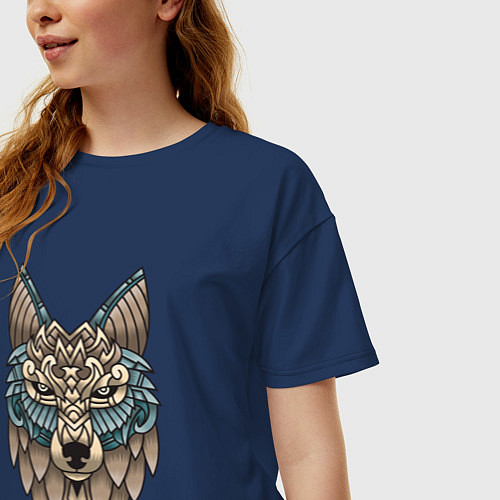 Женская футболка оверсайз Волк орнамент / Тёмно-синий – фото 3